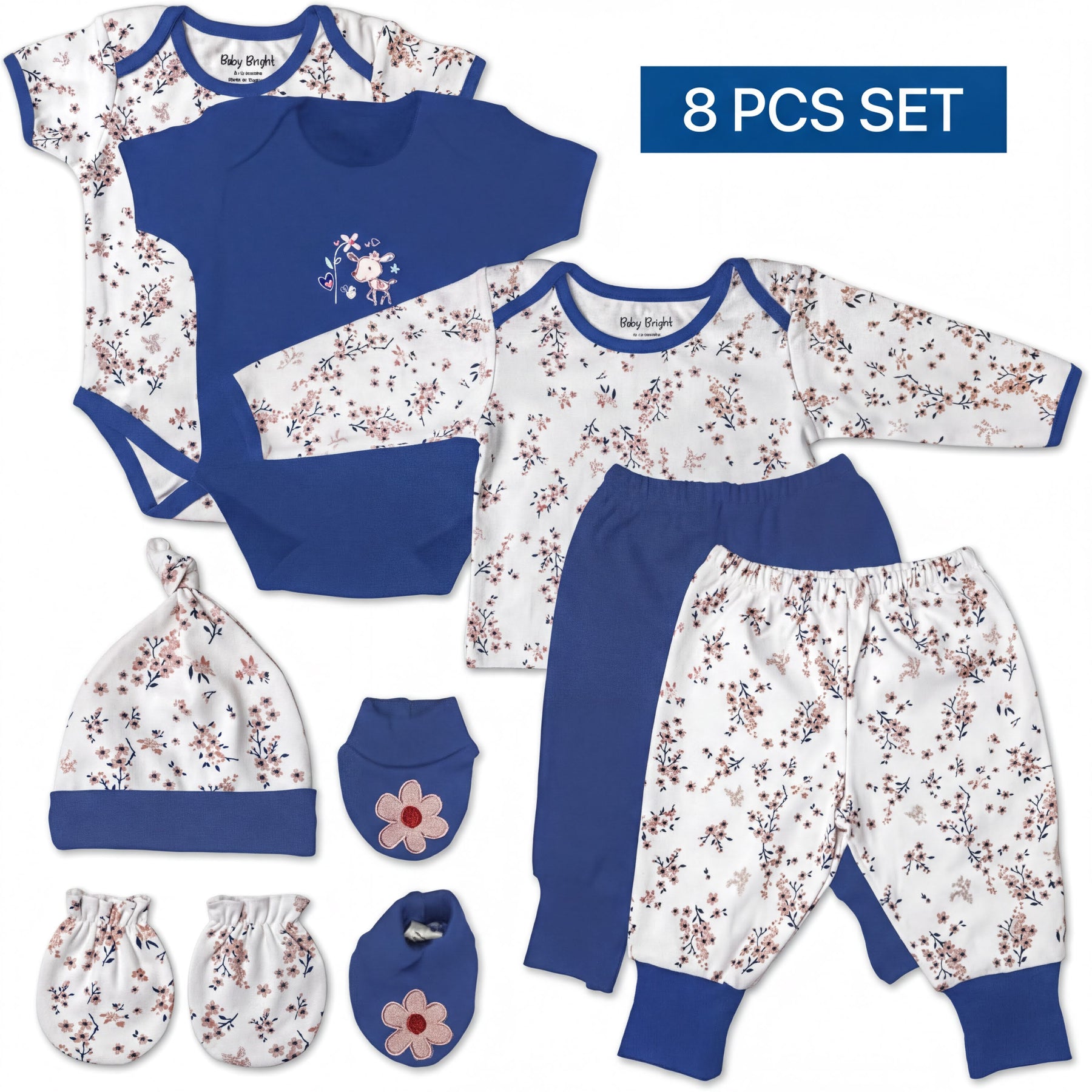 A set of baby clothing and accessories, including a blue onesie, a blue shirt, a blue hat, a pair of blue pants, and a pair of blue socks.