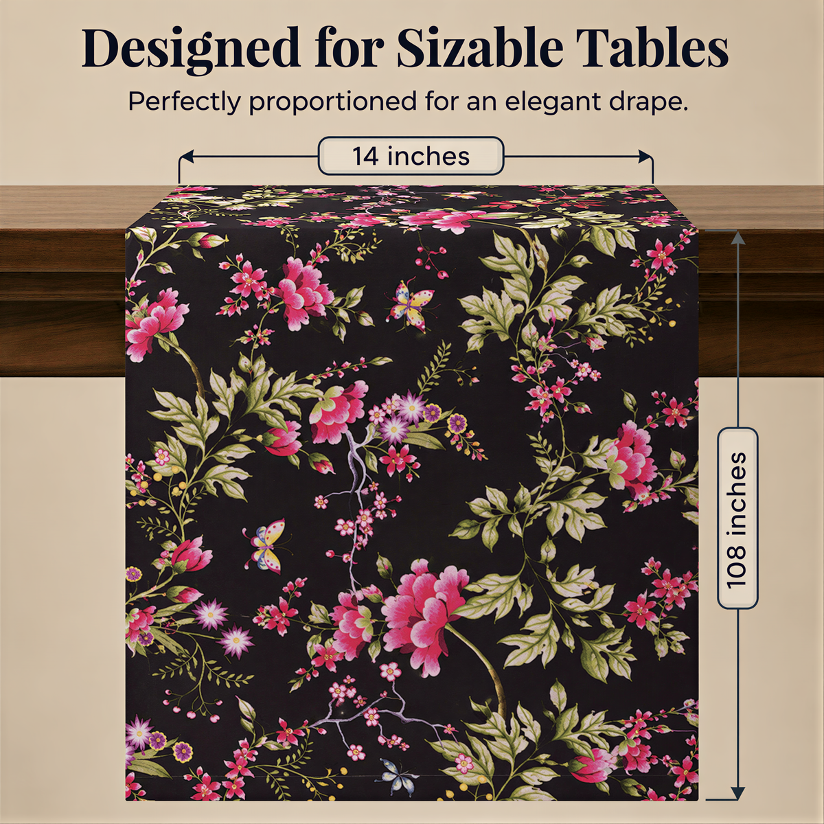 a table runner with a floral pattern on it. The runner is described as being designed for "Sizable Tables" and is 14 inches long.