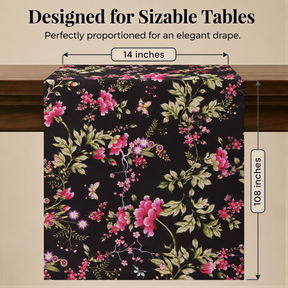 a table runner with a floral pattern on it. The runner is described as being designed for "Sizable Tables" and is 14 inches long.