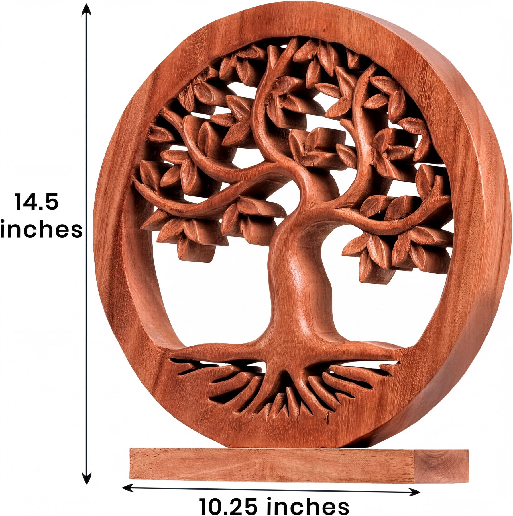 A wooden tree sculpture with intricate carvings, measuring 14.5 inches in height and 10.25 inches in width.