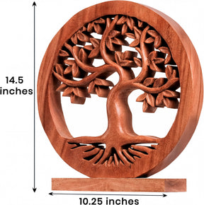 A wooden tree sculpture with intricate carvings, measuring 14.5 inches in height and 10.25 inches in width.