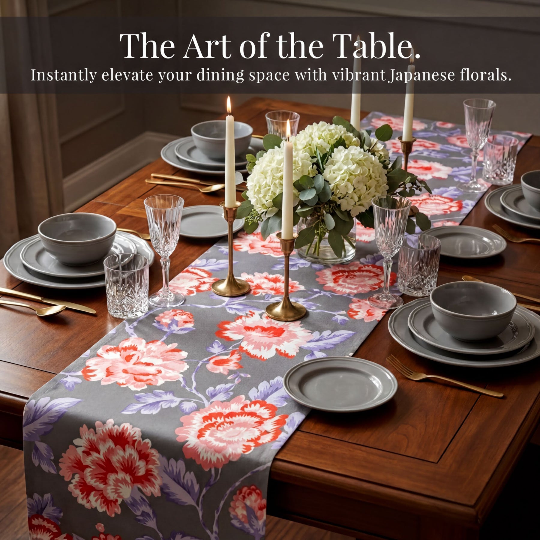 The image showcases a beautifully set dining table with a floral table runner, plates, glasses, and a vase of white hydrangeas. The table is set for a meal, with silverware and bowls arranged neatly. The table is adorned with a vase of white hydrangeas, adding a touch of elegance to the setting. The image conveys a sense of sophistication and attention to detail, with the floral table runner and the carefully arranged tableware creating a visually appealing scene.