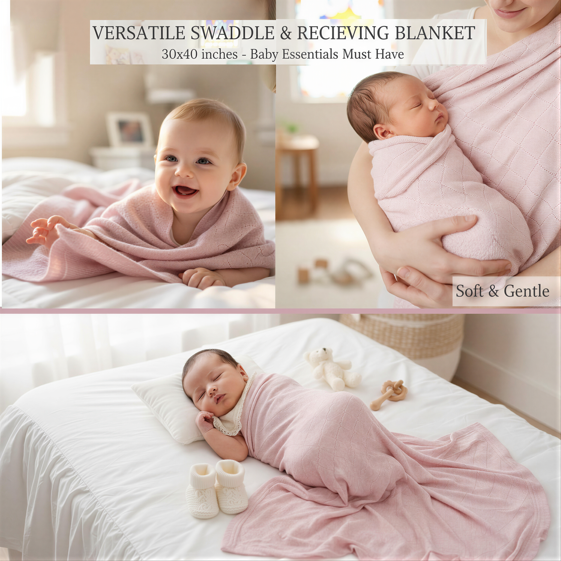 The image is a collage of three photos depicting a baby wrapped in a pink blanket, a baby lying on a bed, and a baby sleeping in a bed.