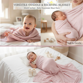 The image is a collage of three photos depicting a baby wrapped in a pink blanket, a baby lying on a bed, and a baby sleeping in a bed.