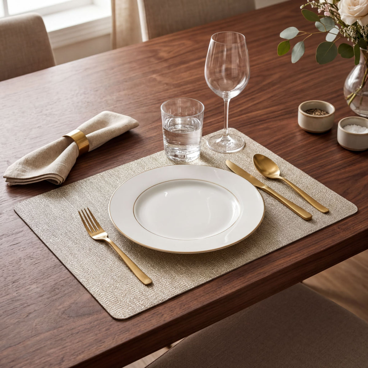 a table setting with a white plate, gold-rimmed dinnerware, and a glass of water. The table is set with a beige placemat and a napkin roll, creating an elegant and inviting dining atmosphere.