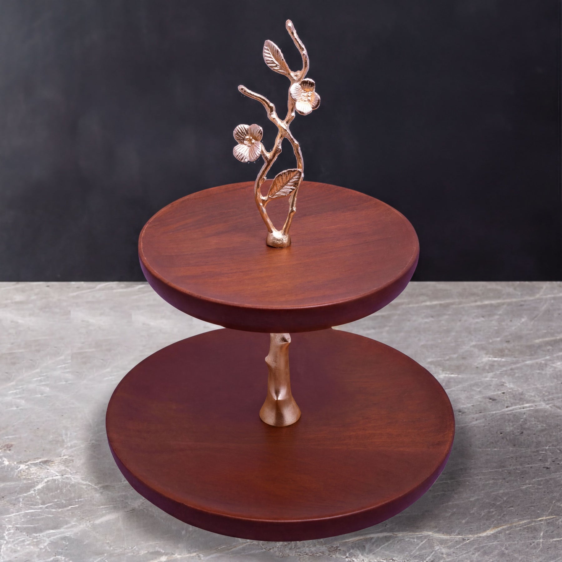 Two-tier wooden cake stand for kitchen décor, featuring a natural wood finish and classic design.