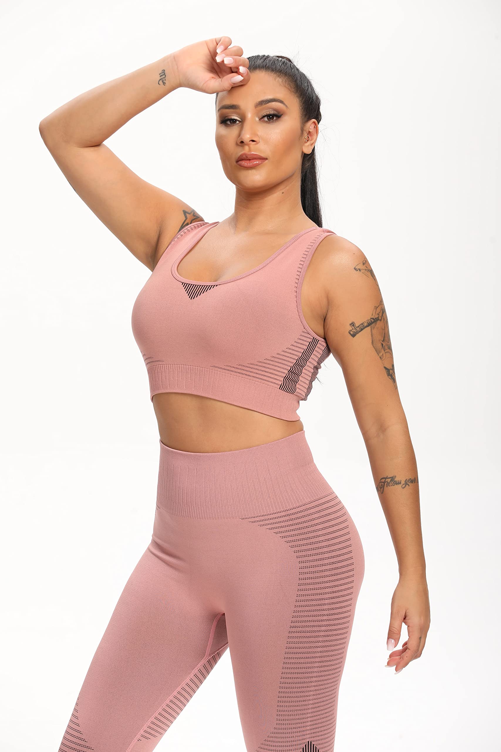 Yogazen Women's Seamless Crop Tank 2-Piece Workout Set – Pink/Brown