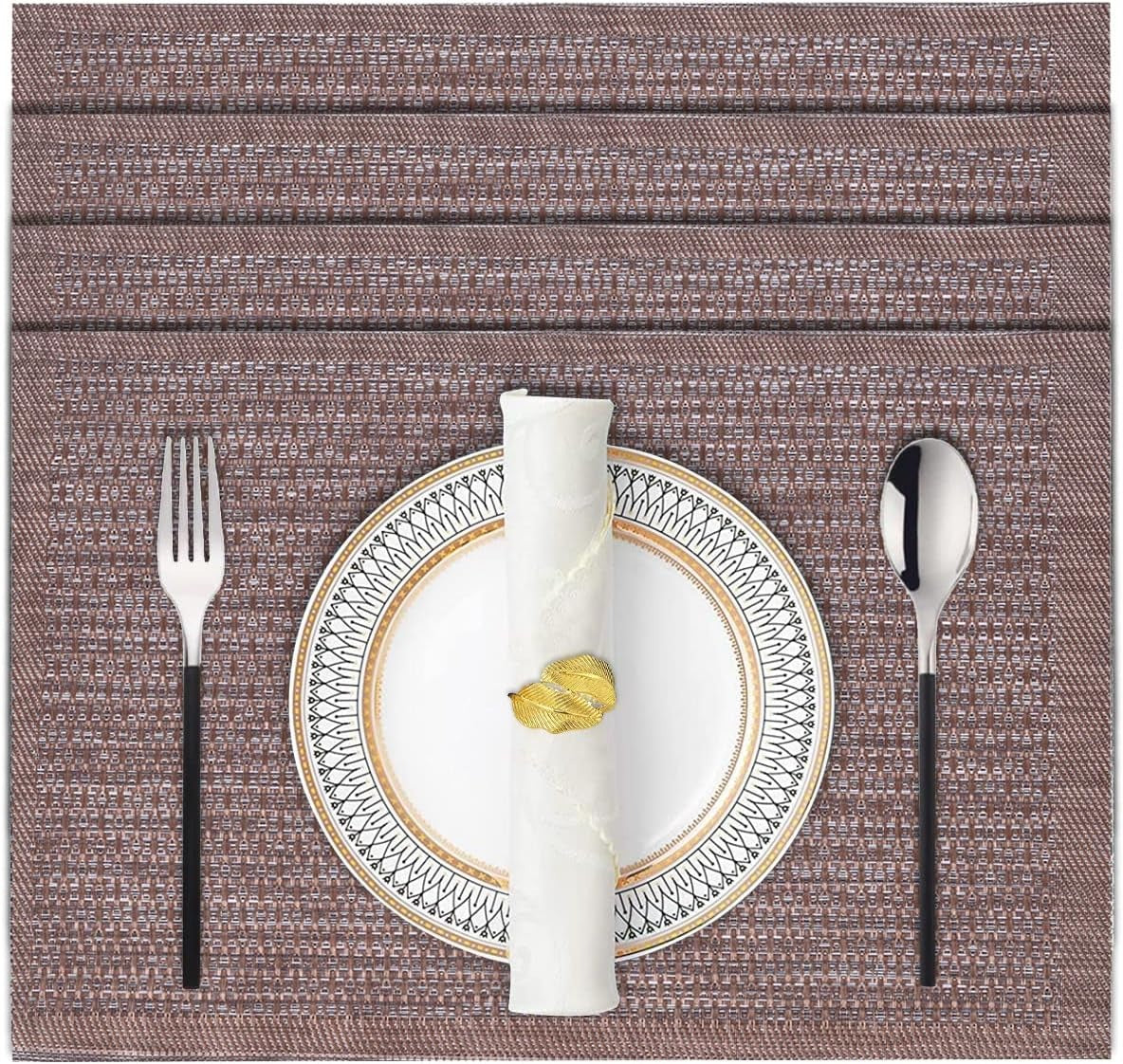 Decozen Placemats - Table Protector for Kitchen Decor Scratch Heat Resistant Placemats Washable Wipeable Indoor Outdoor Home Decor Table Place Mats Vinyl PVC 18x12 Inches - Brown Gold