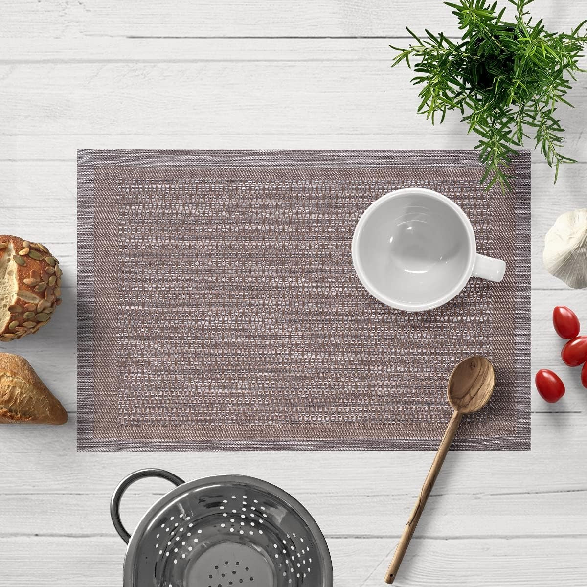 Decozen Placemats - Table Protector for Kitchen Decor Scratch Heat Resistant Placemats Washable Wipeable Indoor Outdoor Home Decor Table Place Mats Vinyl PVC 18x12 Inches - Brown Gold