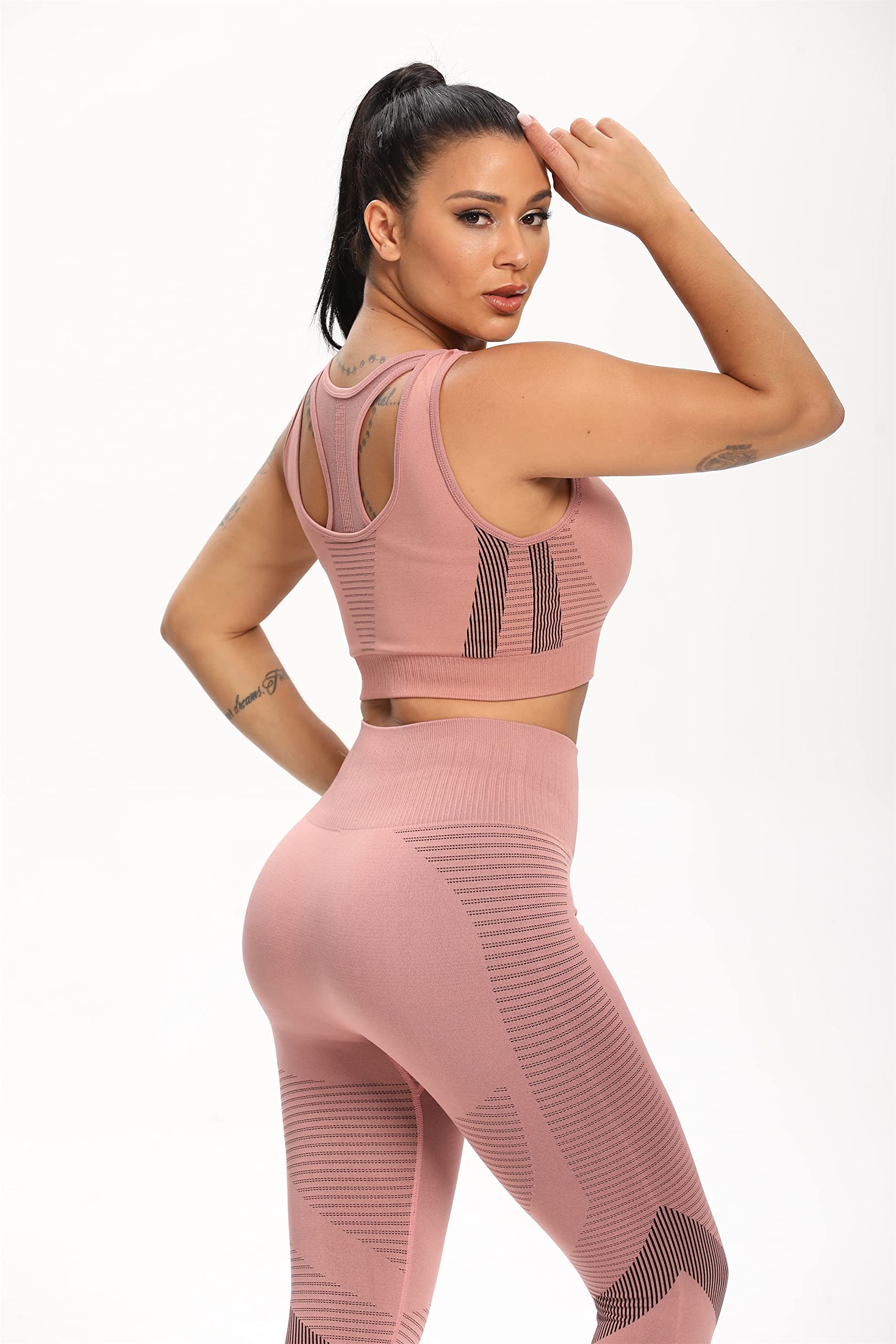 Yogazen Women's Seamless Crop Tank 2-Piece Workout Set – Pink/Brown