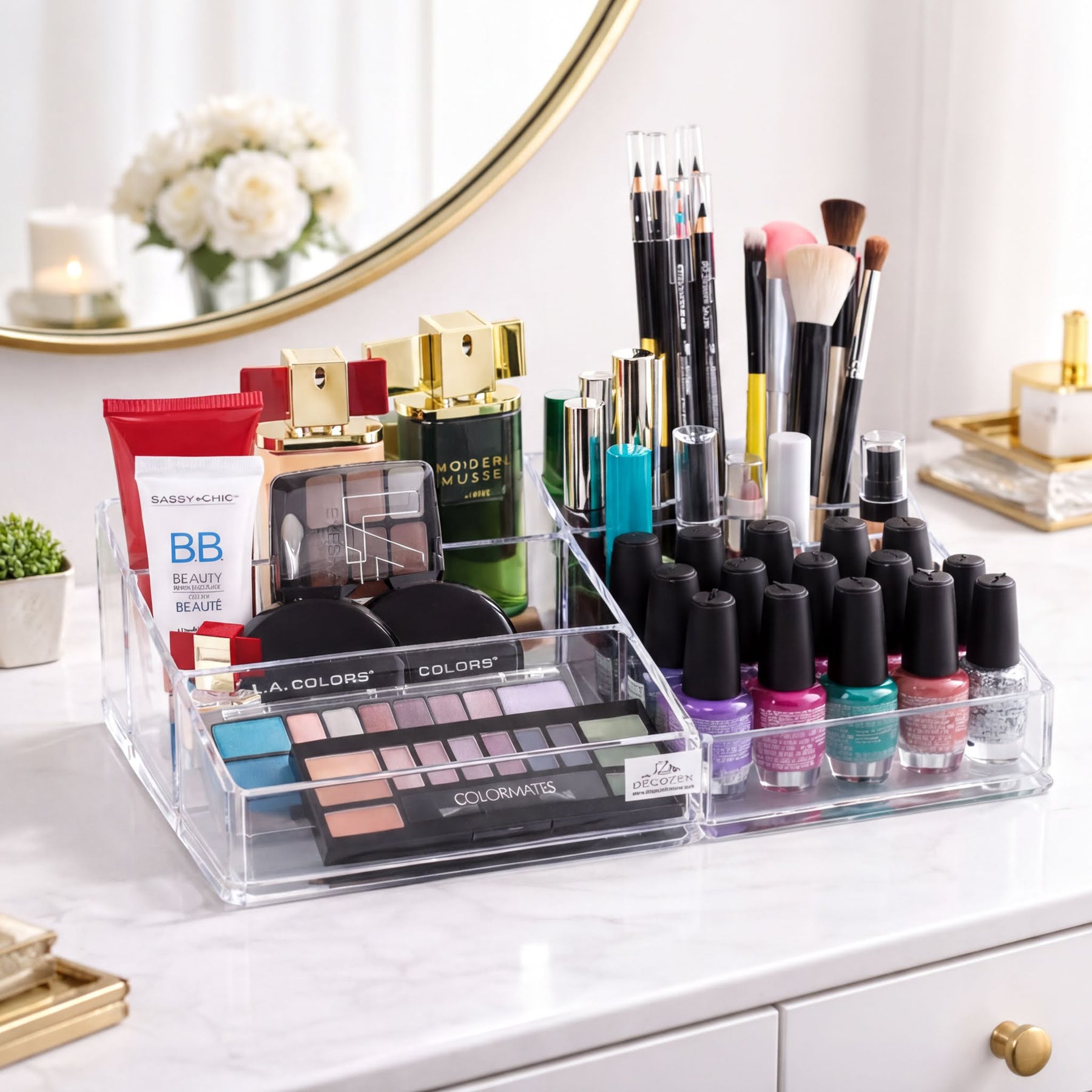 Clear F1047A makeup and jewelry organizer with 21 slots for cosmetics and accessories, neatly arranged on a white surface.