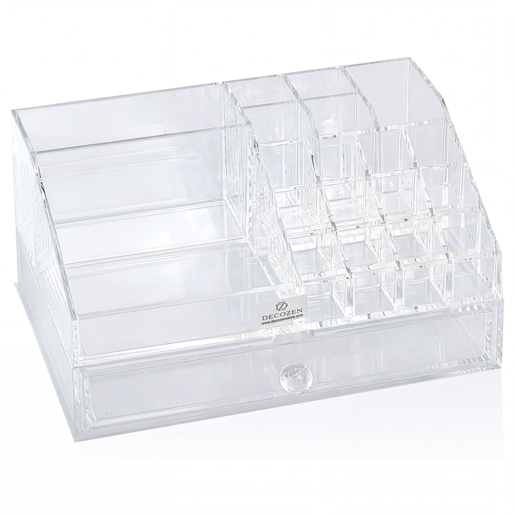 Clear F1267 makeup organizer with 19 slots and 1 drawer, ideal for storing cosmetics and beauty products.
