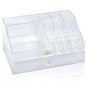 Clear F1267 makeup organizer with 19 slots and 1 drawer, ideal for storing cosmetics and beauty products.