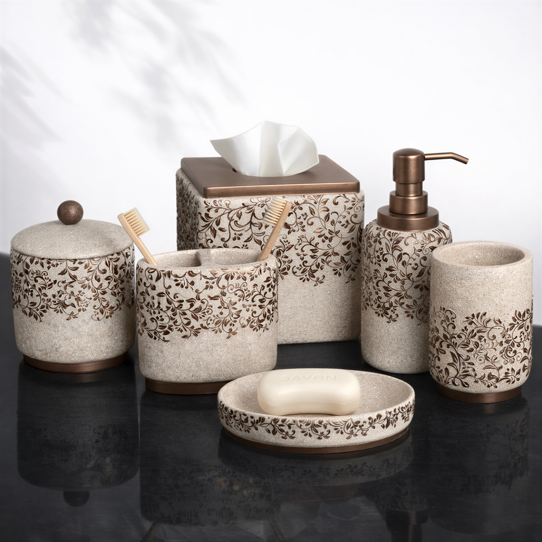Elegant beige bathroom décor accessories set of 6 from the Stella Collection by AH8312B, featuring modern bath accessories.