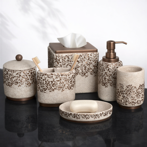 Elegant beige bathroom décor accessories set of 6 from the Stella Collection by AH8312B, featuring modern bath accessories.