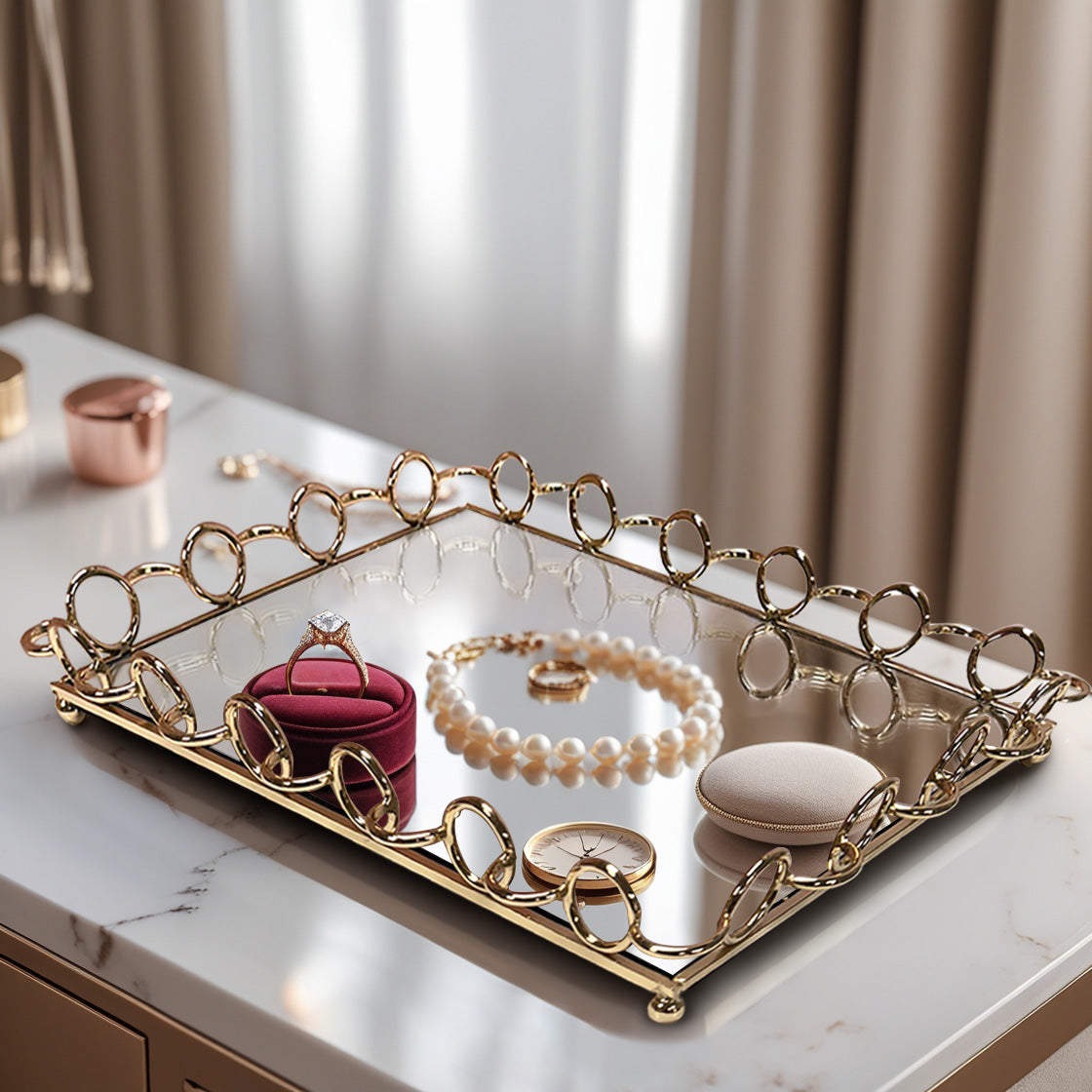 Clear glass serving tray with elegant ring accents, perfect for kitchen décor and entertaining.