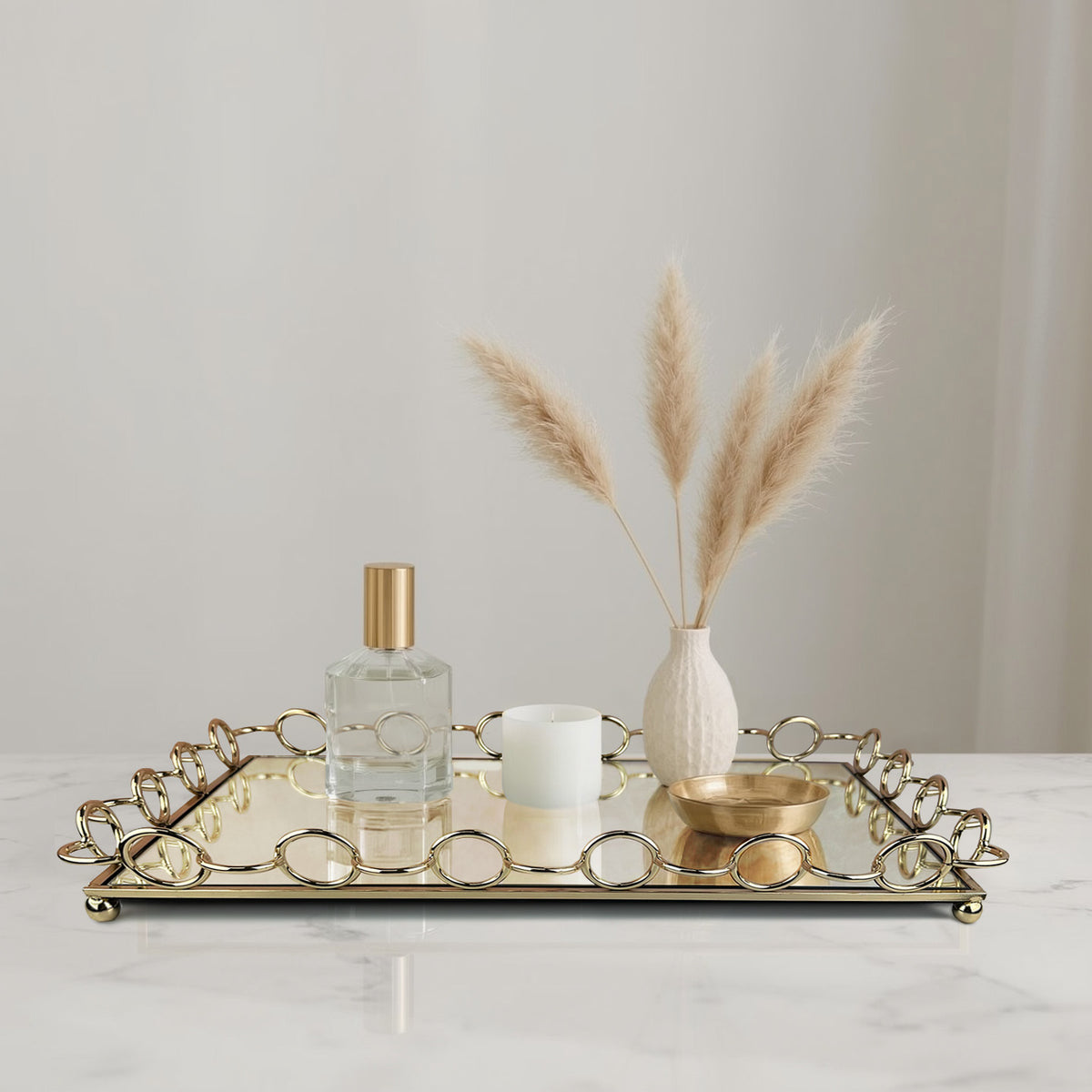 Glass serving tray with ring accents, stylish kitchen décor piece, clear glass surface with decorative ring details.