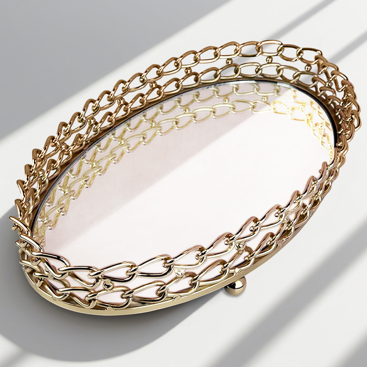 Glass serving tray with dual link chain design, perfect for kitchen décor, featuring transparent glass and stylish chain accents.
