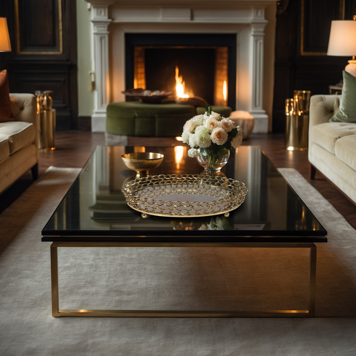 Glass serving tray with dual link chain design, stylish kitchen décor piece from brand 847S170109, ideal for serving and display.