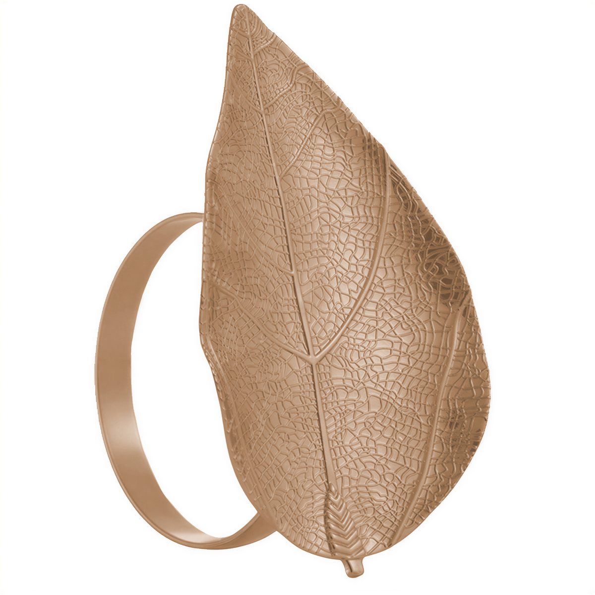 A close-up image of a leaf-shaped object, possibly a piece of jewelry or a decorative item, with a textured, leaf-like appearance.