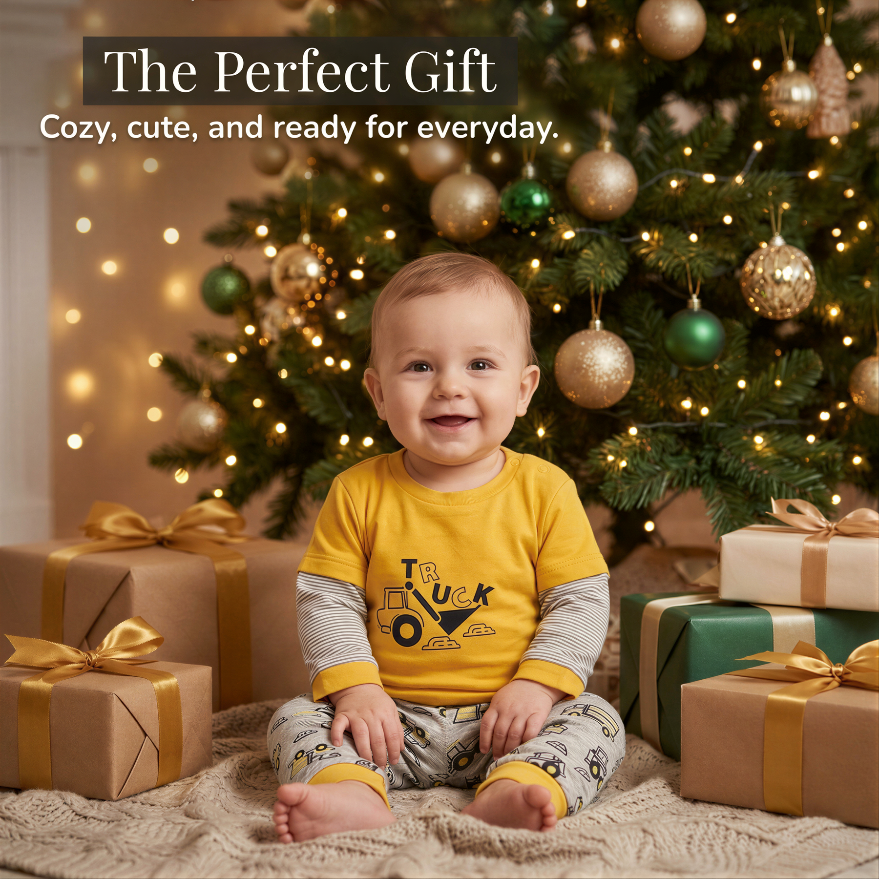 A smiling baby boy wearing a yellow shirt with a tractor design sits in front of a Christmas tree with wrapped gifts, surrounded by other wrapped gifts.