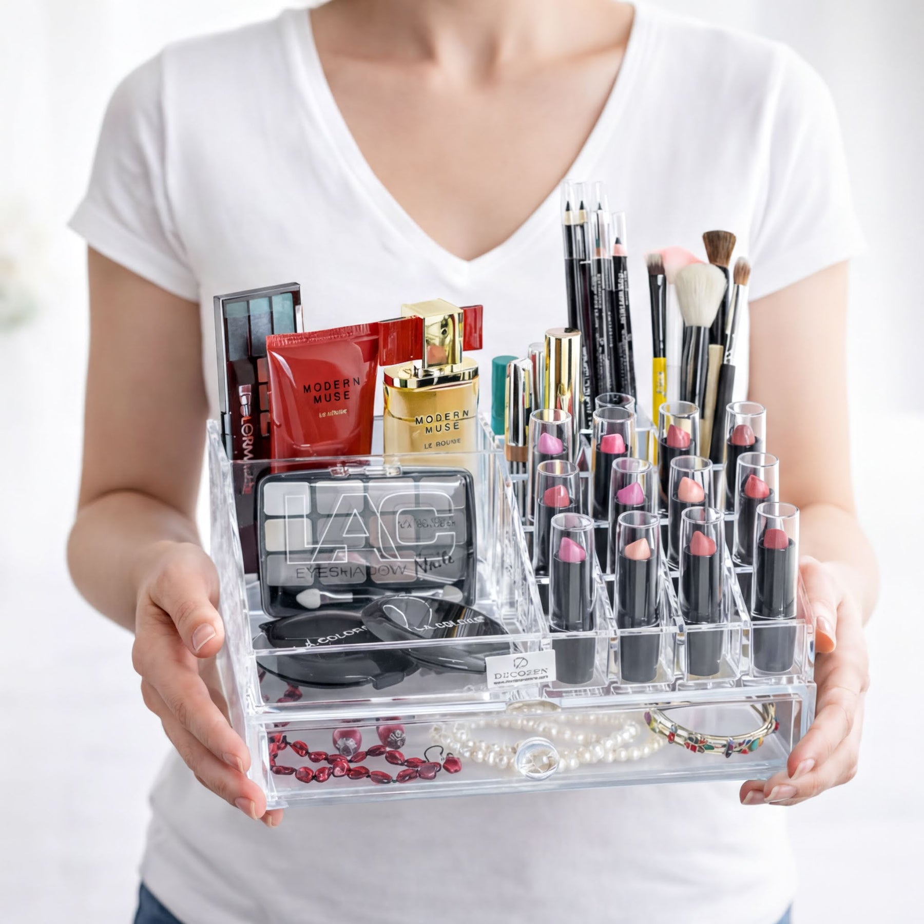 Clear F1267 makeup organizer with 19 slots and 1 drawer, perfect for storing cosmetics and beauty accessories.