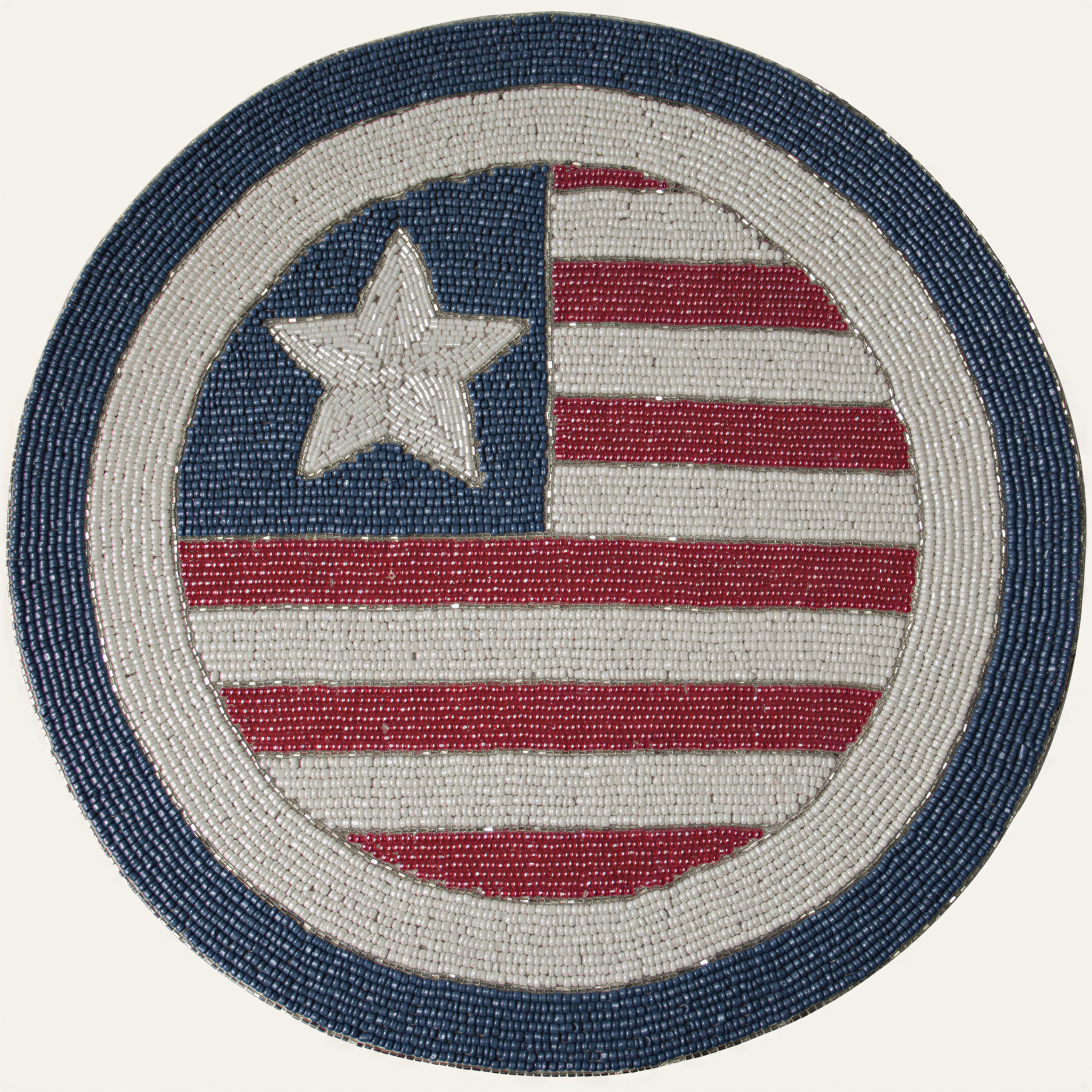 Set of 2 beaded USA flag round placemats featuring red, white, and blue beads with star and stripe design for patriotic dining.