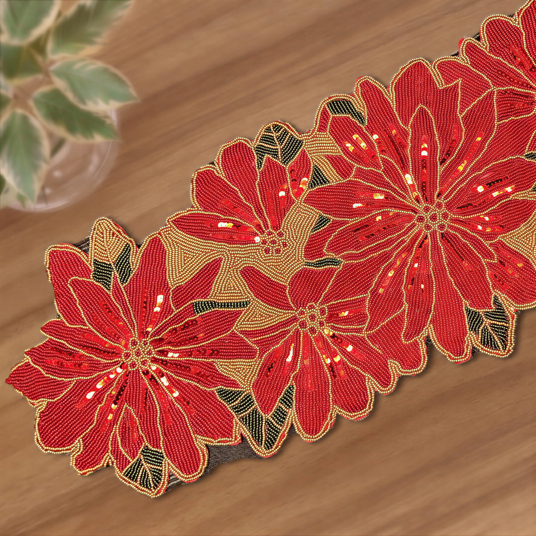 Beaded Christmas Red table runner from RNR CM 20-1, festive table decor with red beads and intricate design.