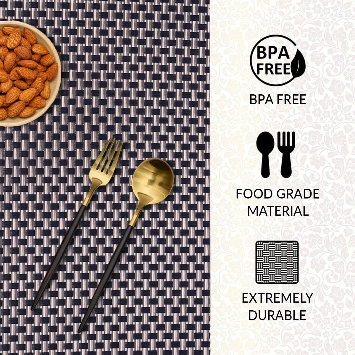 Decozen Placemats - Table Protector for Kitchen Decor Scratch Heat Resistant Placemats Washable Wipeable Indoor Outdoor Home Decor Table Place Mats Vinyl PVC 18x12 Inches - Black Gold - Decozen