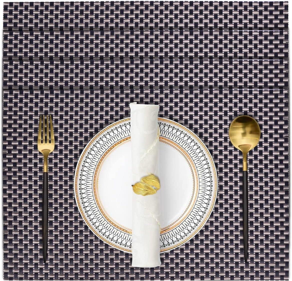 Decozen Placemats - Table Protector for Kitchen Decor Scratch Heat Resistant Placemats Washable Wipeable Indoor Outdoor Home Decor Table Place Mats Vinyl PVC 18x12 Inches - Black Gold - Decozen