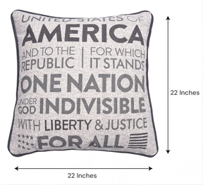 a square throw pillow with the text "UNITED STATES OF AMERICA" printed on it. The pillow is 22 inches in size.