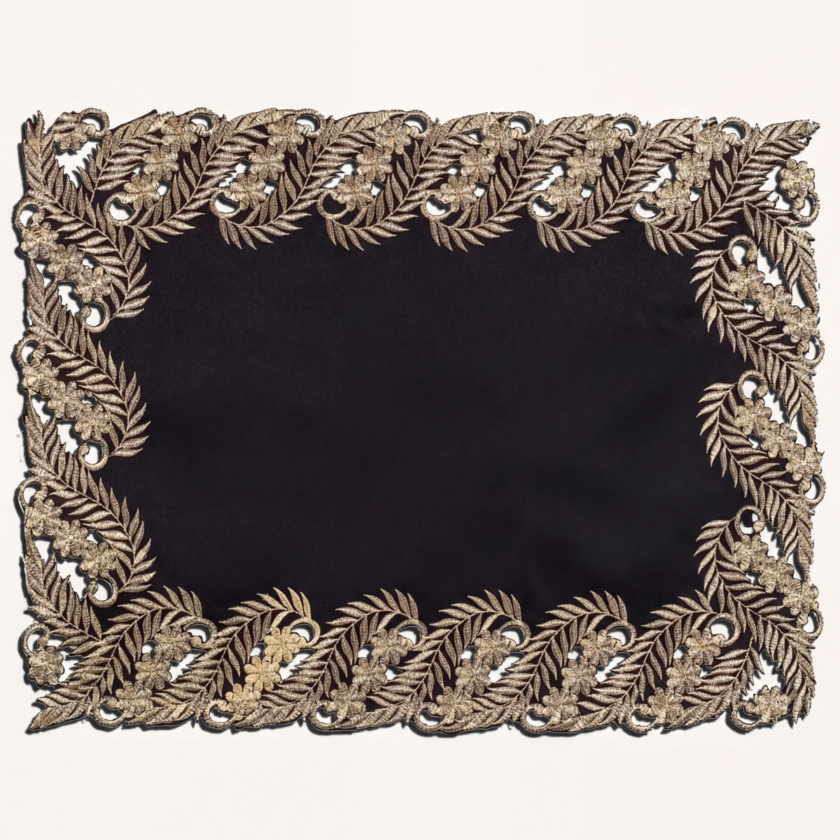 Set of four ebony bloom black gold table placemats from RIZ-010-PM, decorative 12x18 inch dining accessories.