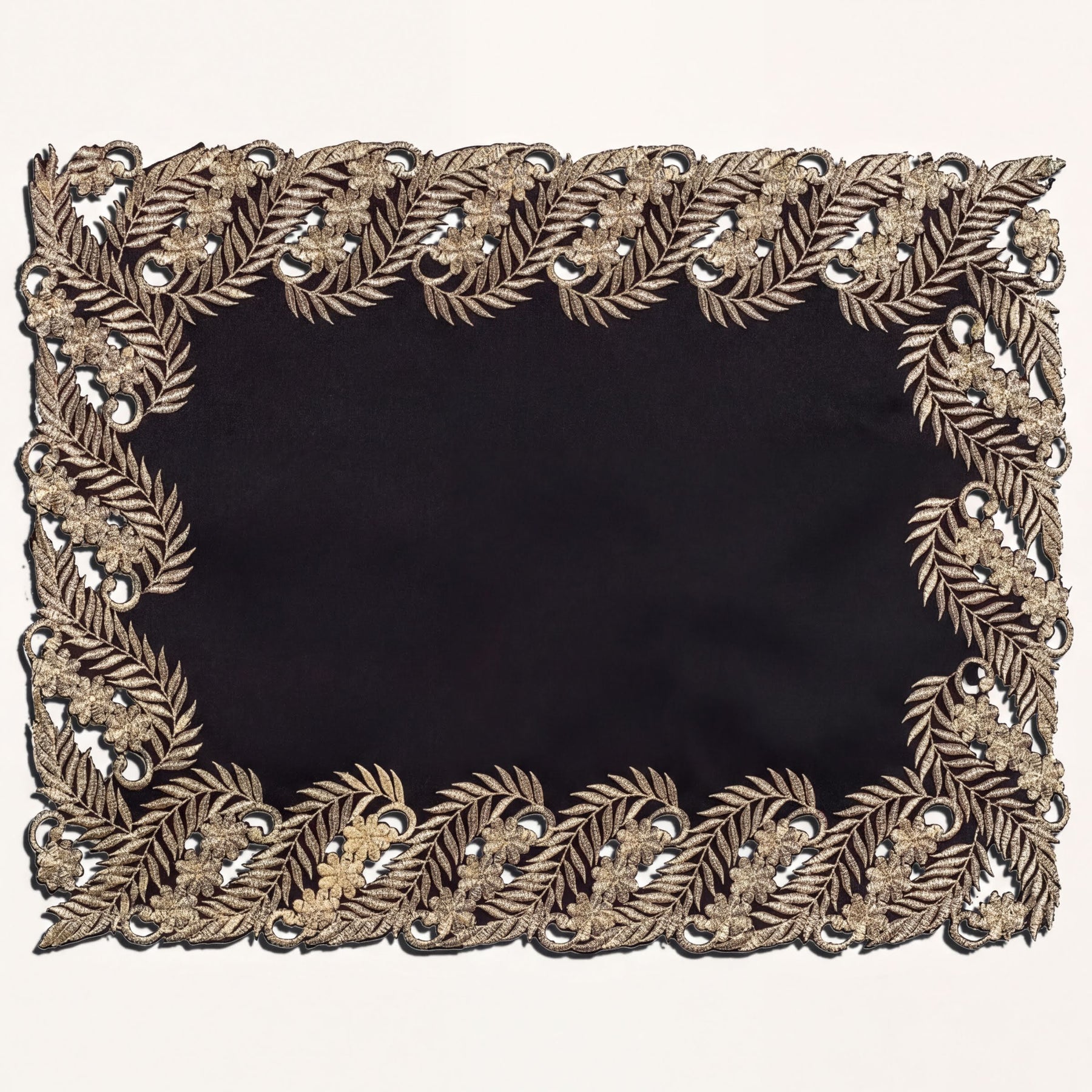 Set of four ebony bloom black gold table placemats from RIZ-010-PM, decorative 12x18 inch dining accessories.