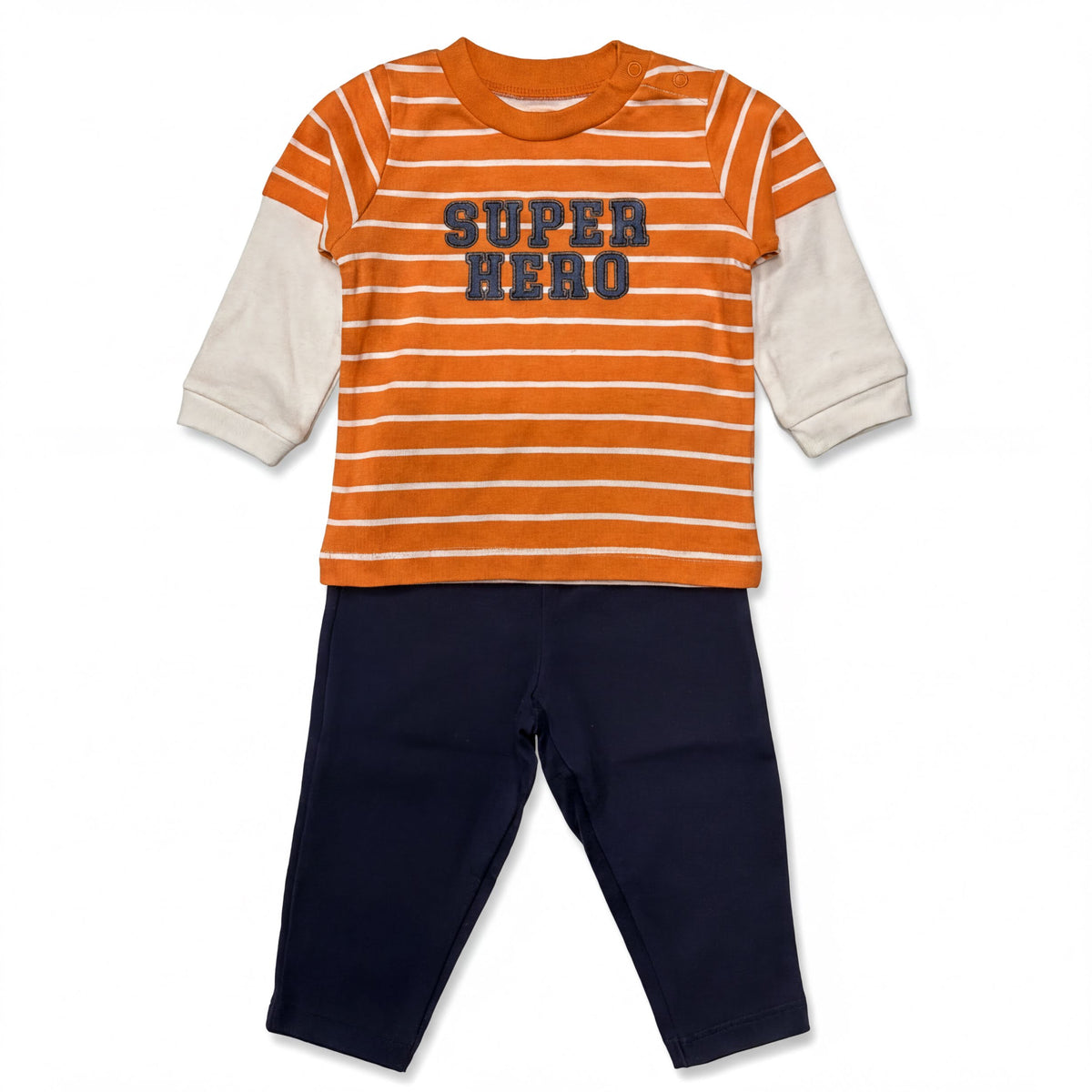 Orange and white striped shirt with the text "SUPER HERO" printed on it, paired with navy blue pants.