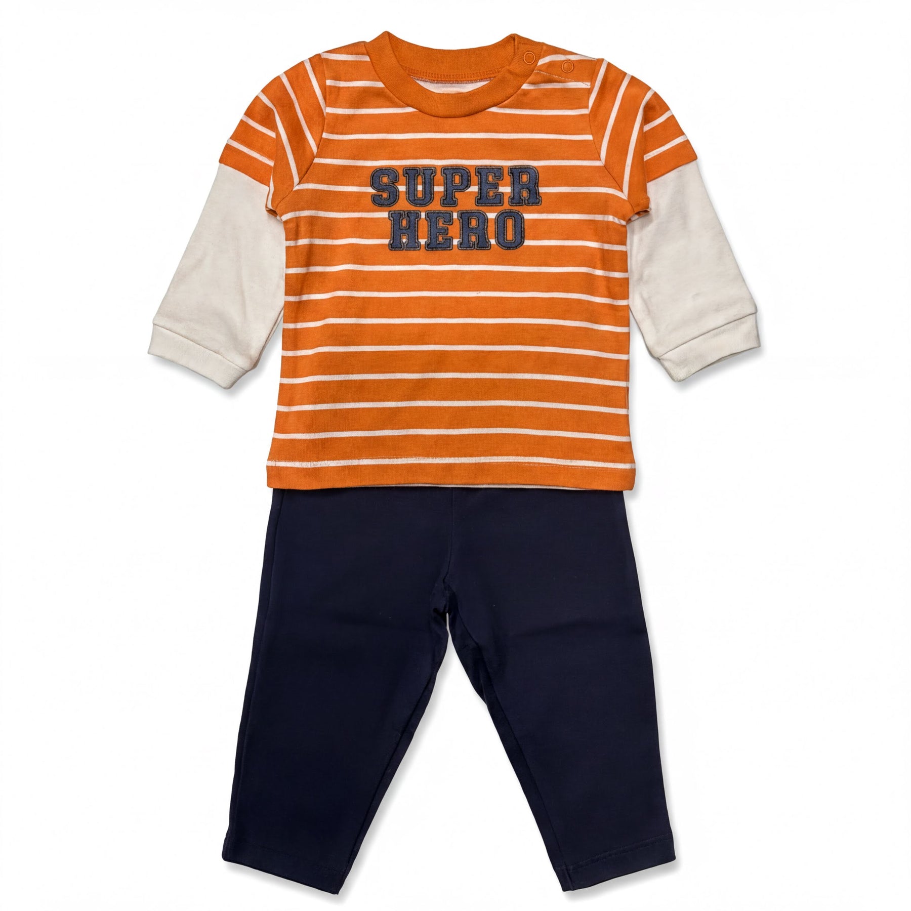 Orange and white striped shirt with the text "SUPER HERO" printed on it, paired with navy blue pants.