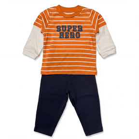 Orange and white striped shirt with the text "SUPER HERO" printed on it, paired with navy blue pants.