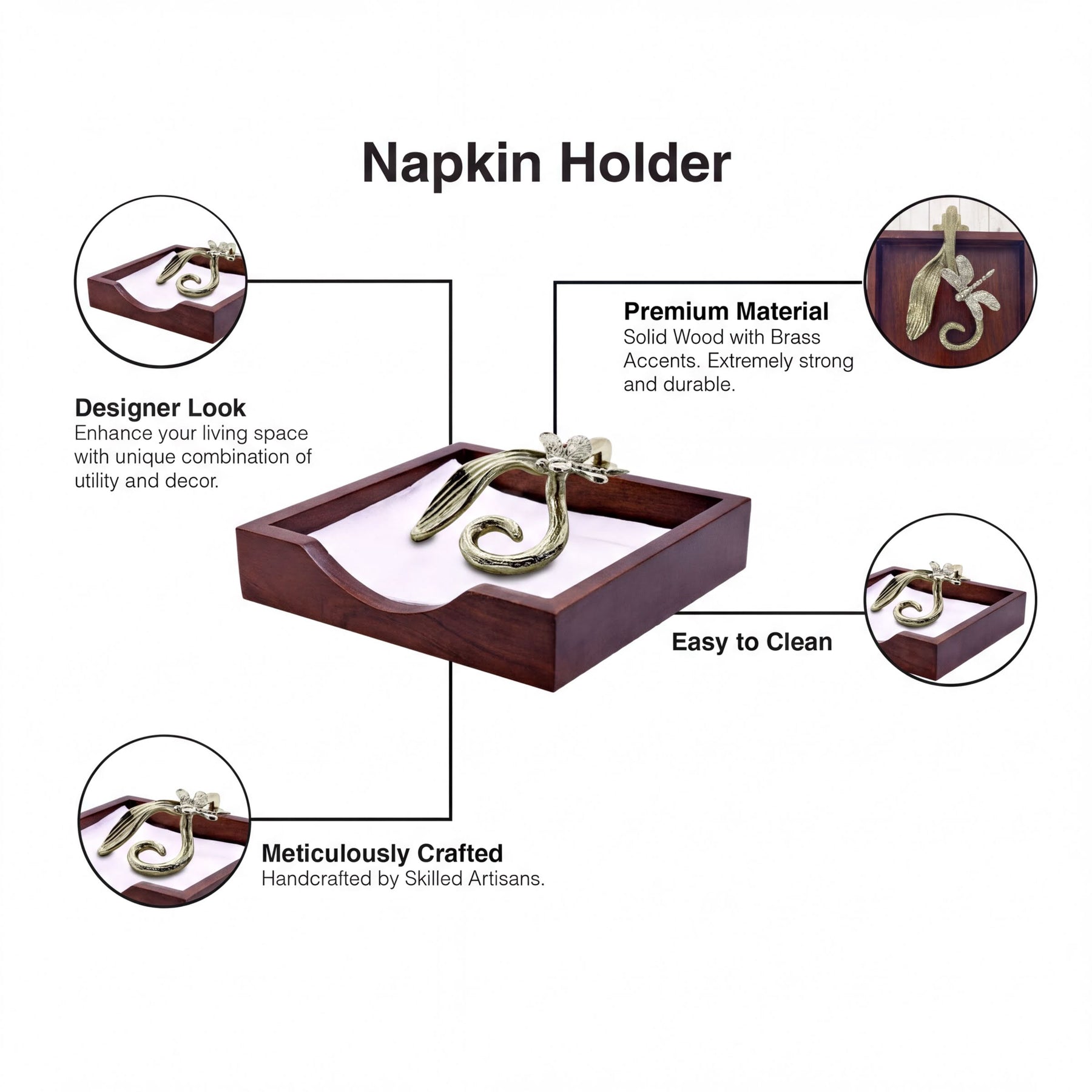 Solid wood napkin holder with silver and gold finish ornament, stylish tableware accessory for dining and home decor.