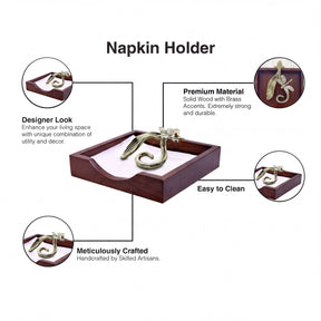 Solid wood napkin holder with silver and gold finish ornament, stylish tableware accessory for dining and home decor.