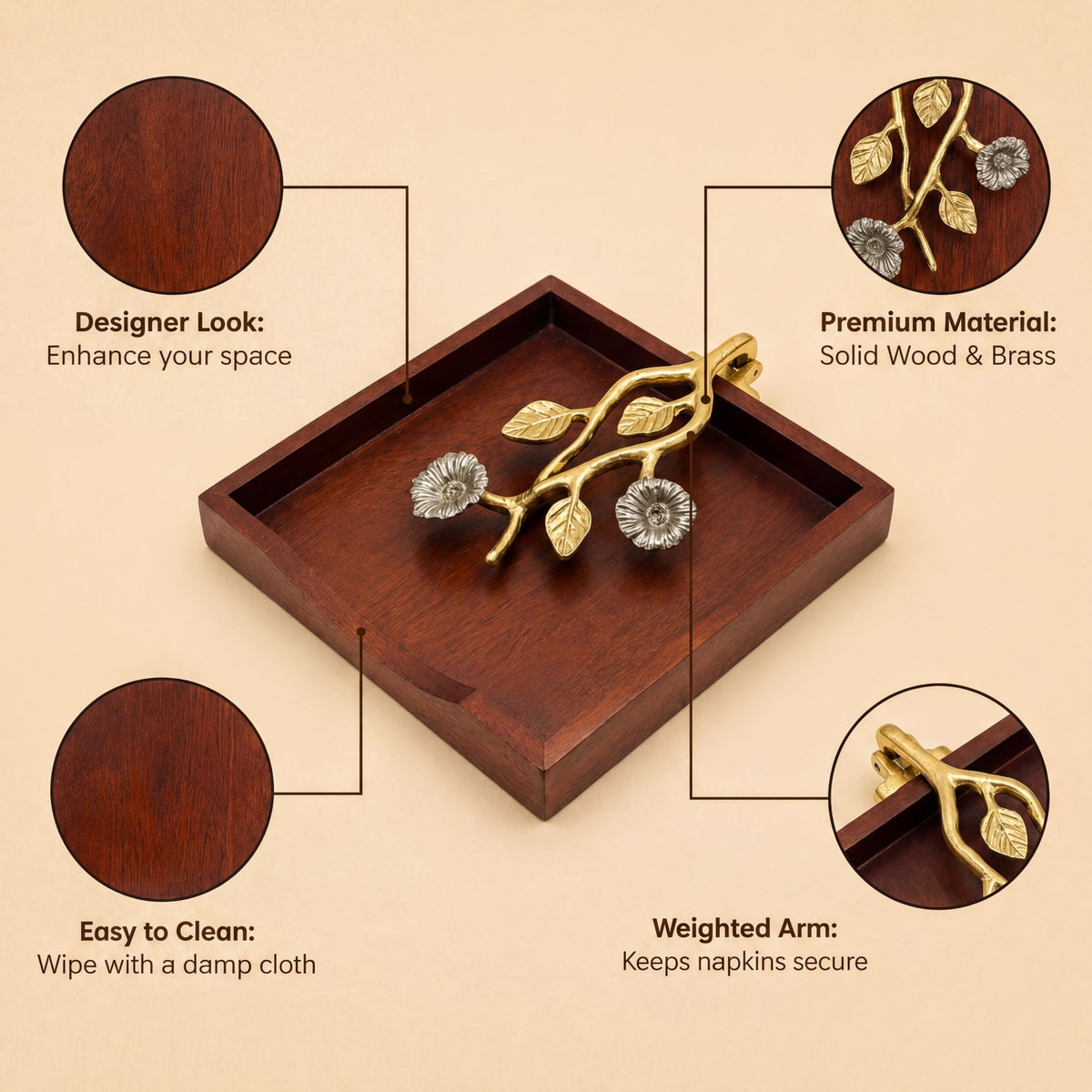 The image is a detailed description of a wooden tray with a brass flower-shaped handle, highlighting its design, material, and features.