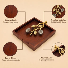The image is a detailed description of a wooden tray with a brass flower-shaped handle, highlighting its design, material, and features.
