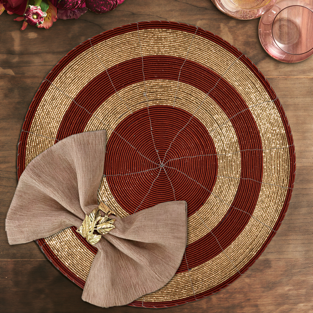 Set of four Decozen Aidden Bloom beaded placemats featuring intricate beaded designs, ideal for decorative dining table décor, 14 inches