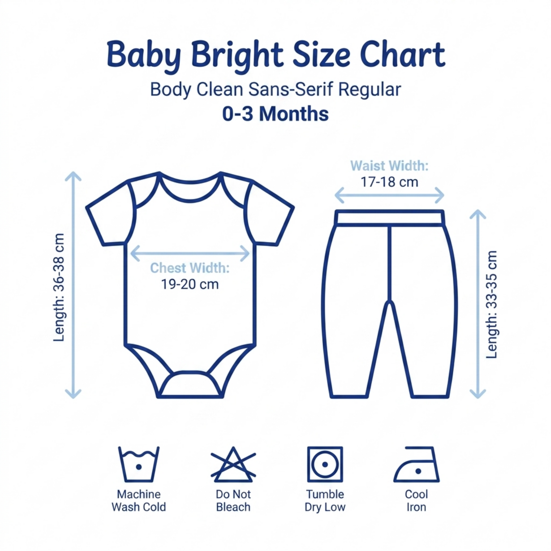 The image is a baby size chart that provides measurements and guidelines for baby clothing items. It includes a baby onesie, a pair of pants, and a pair of socks, along with icons for washing instructions.