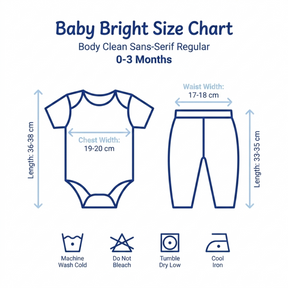 The image is a baby size chart that provides measurements and guidelines for baby clothing items. It includes a baby onesie, a pair of pants, and a pair of socks, along with icons for washing instructions.