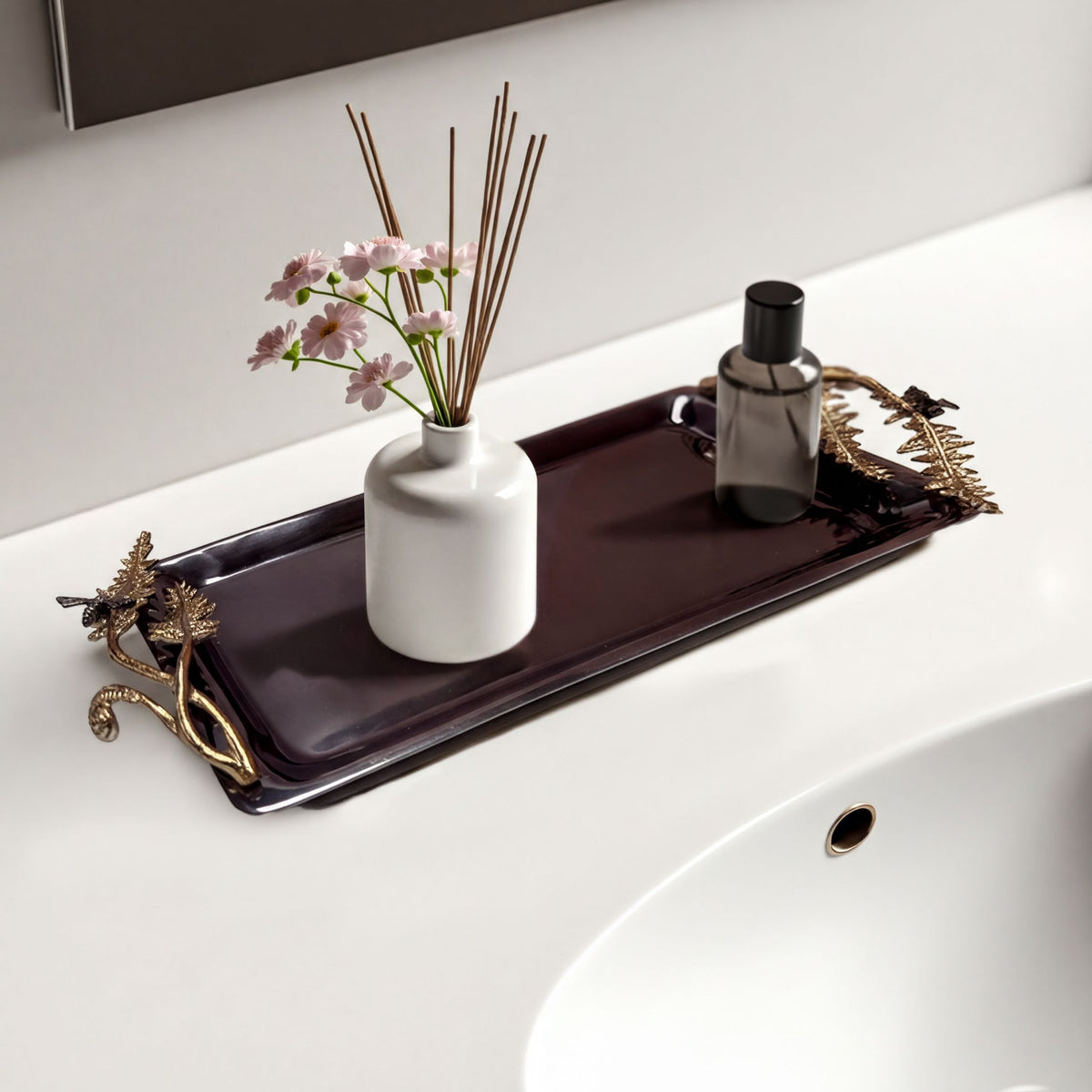Gray fern-themed vanity tray from the Fern Collection bath décor by 719002, showing a decorative tray for bathroom organization.