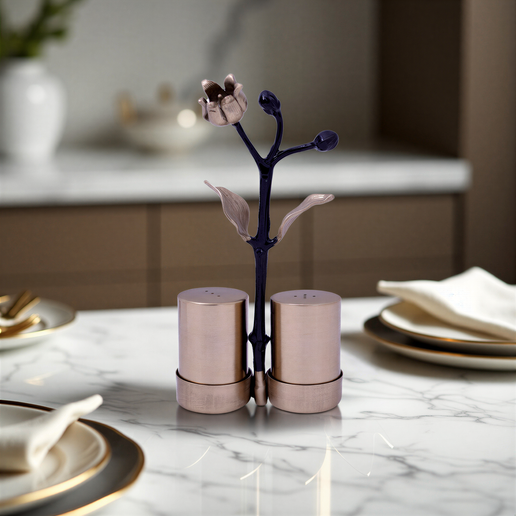 Etched salt and pepper shaker set by 25083ELBA, decorative kitchen décor with detailed glass shakers for spices.