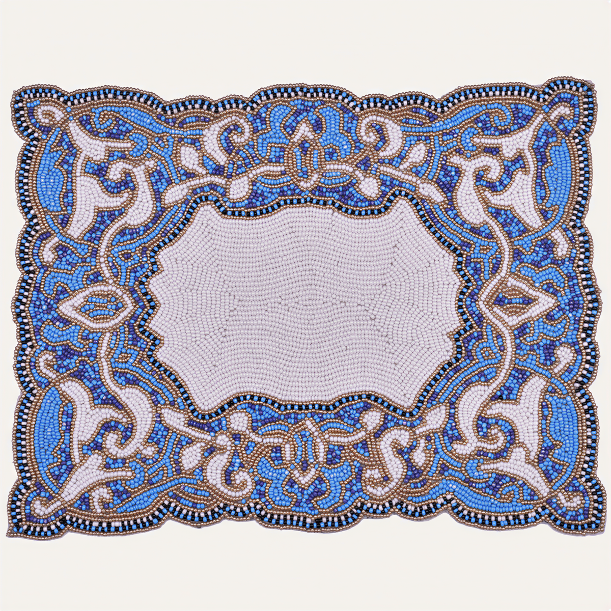 Set of two Azure Glow embroidered beaded placemats in blue and white, heat-resistant table decor, 12x16 inches.