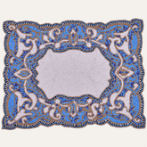 Set of two Azure Glow embroidered beaded placemats in blue and white, heat-resistant table decor, 12x16 inches.