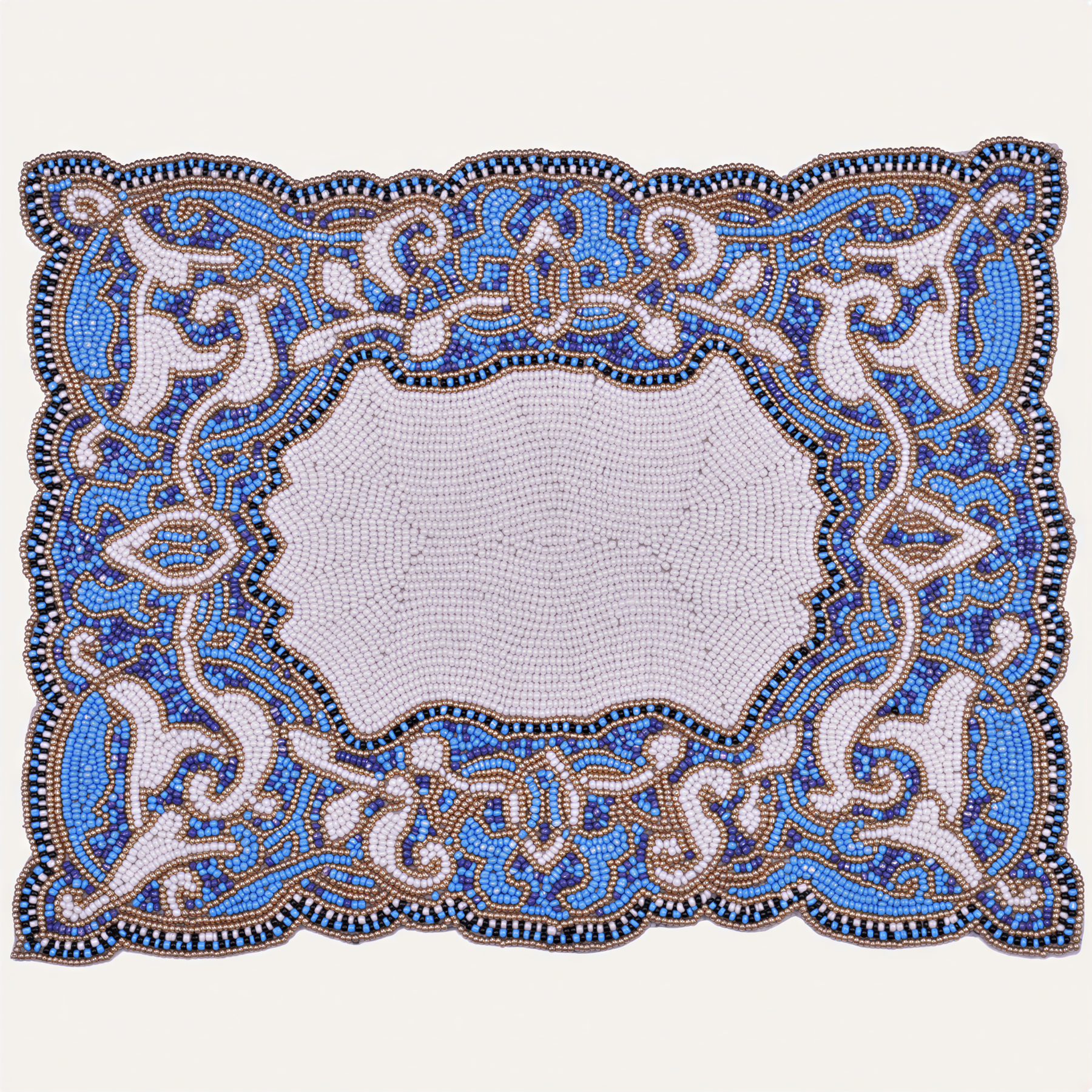 Set of two Azure Glow embroidered beaded placemats in blue and white, heat-resistant table decor, 12x16 inches.