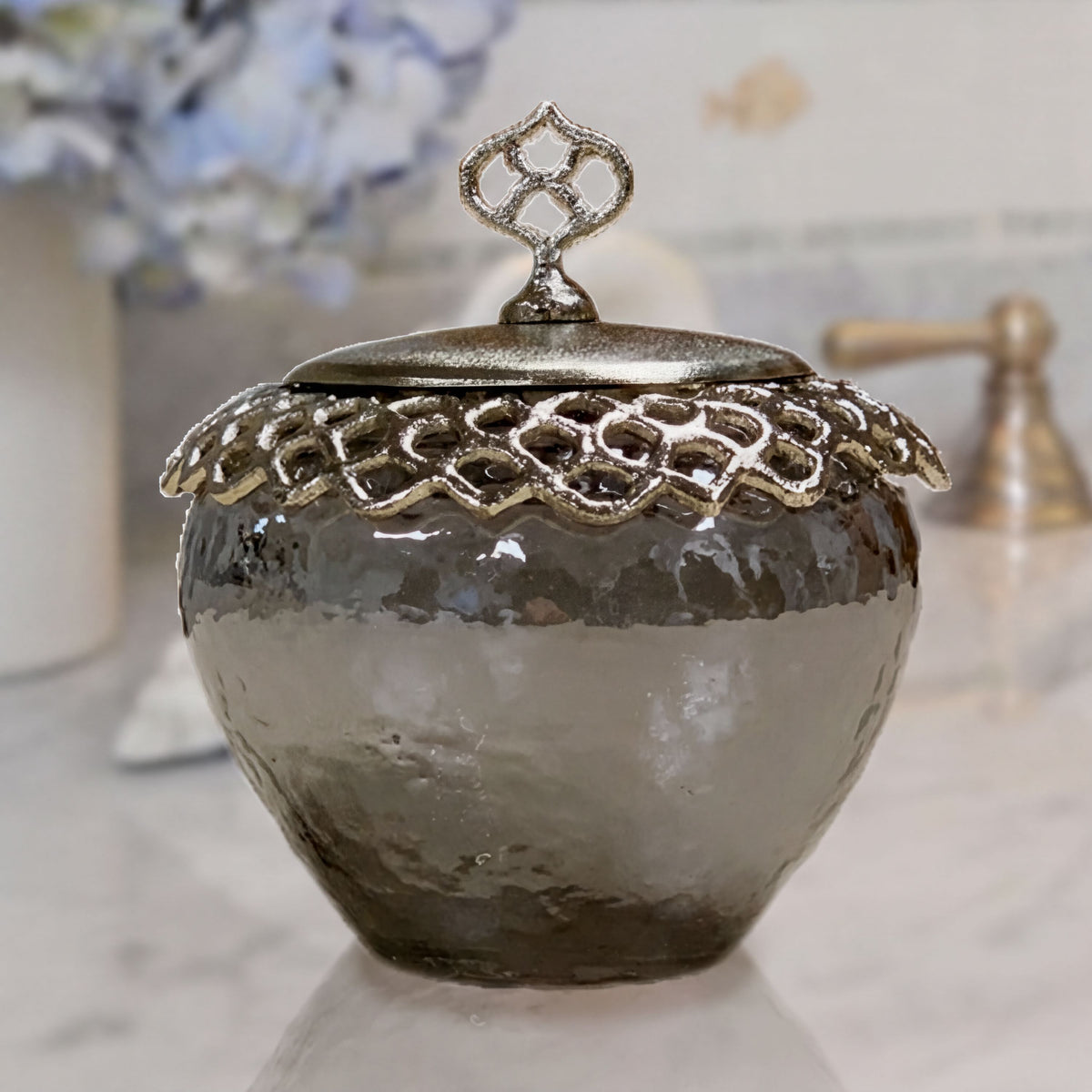 Elegant cotton ball containers from BD-Jar's Arabesque bath décor collection, featuring intricate design and sleek ceramic finish.