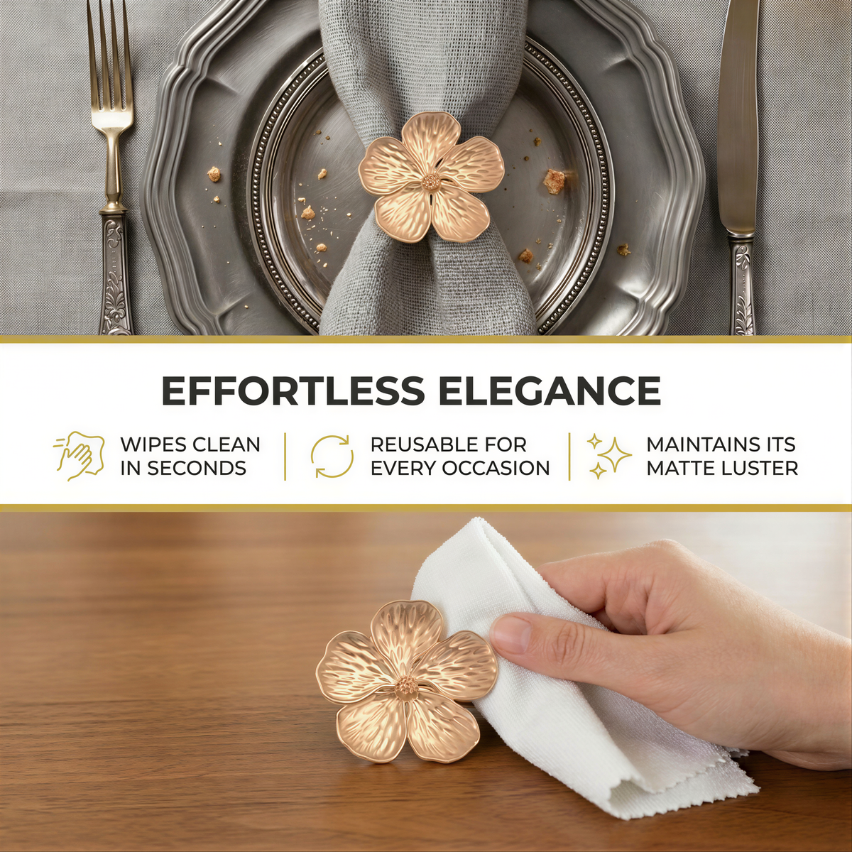 The image is a collage of two photos. The top photo shows a silver plate with a gold flower napkin ring, and the bottom photo shows a hand holding a white napkin with a gold flower napkin ring on it.